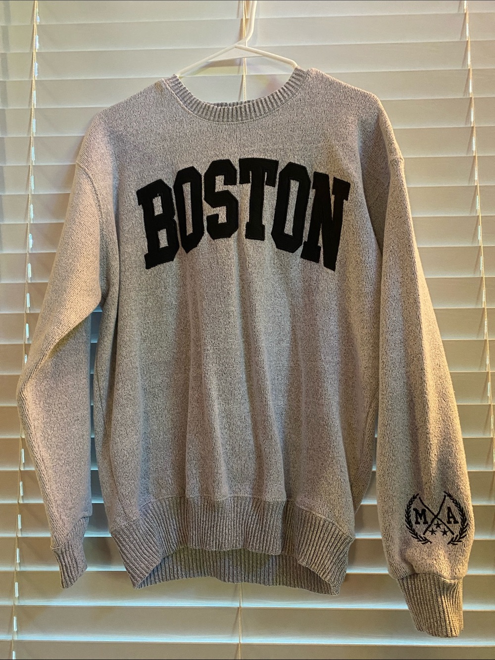 Gray Crewneck Sweater with Bold Black 'BOSTON' Lettering